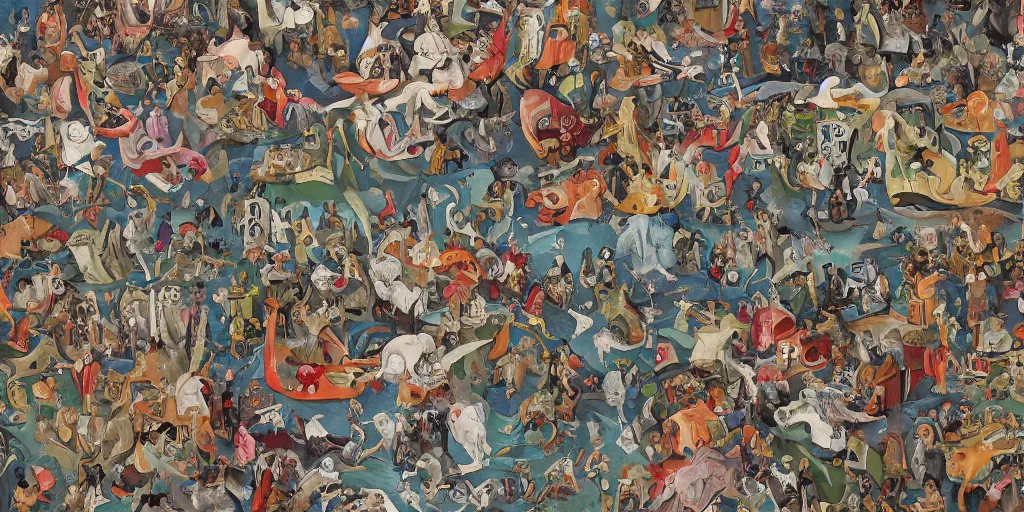 Image similar to escher style pattern of 3 6 0 panorama, three point perspective colorful hieronymus bosch characters under wather