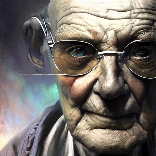 Prompt: hyperrealist portrait of an ancient old alien man with large cruel intelligent eyes and a huge head standing in front of a computer interface by jeremy mann and alphonse mucha and stan lee, fantasy art, photo realistic, dynamic lighting, artstation, poster, volumetric lighting, very detailed faces, award winning, full face, symmetry