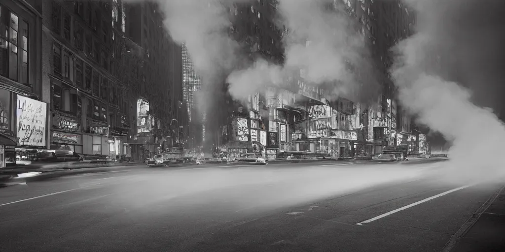 Image similar to a high resolution photo of a new york street at night surrounded with smoke and cars with bright headlights by joel meyerowitz and ansel adams, realistic photo, leica, magnum award winning photograph, parallax photography,