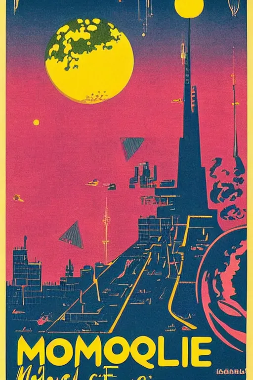 Image similar to vintage french travel poster for a futuristic city on the moon, risograph