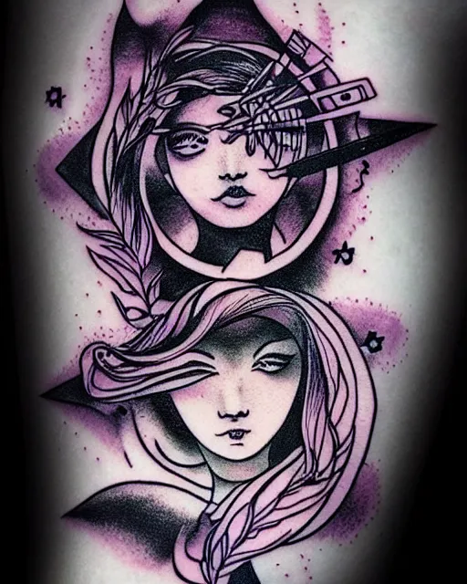 Image similar to “a beautiful tattoo design with a vaporwave theme featuring a ghostly female face, an alchemical symbol, winamp ui and tiny kawaii stars. fine line tattoo design with white background.”