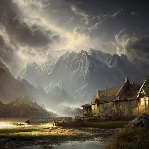 Image similar to michal karcz grunge painting of a beautiful landscape. , fantasy theme, detailed, elegant, intricate, 4k,