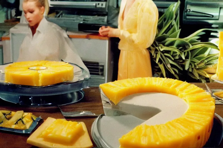 Prompt: pineapple and cheese aspic, in 1 9 9 5, y 2 k cybercore, industrial low - light photography, still from a ridley scott movie