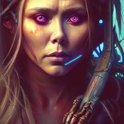 Image similar to portrait painting of a cyberpunk orc shaman extremely muscular ugly elizabeth olsen, ultra realistic, concept art, intricate details, eerie, highly detailed, photorealistic, octane render, 8 k, unreal engine. art by artgerm and greg rutkowski and charlie bowater and magali villeneuve and alphonse mucha