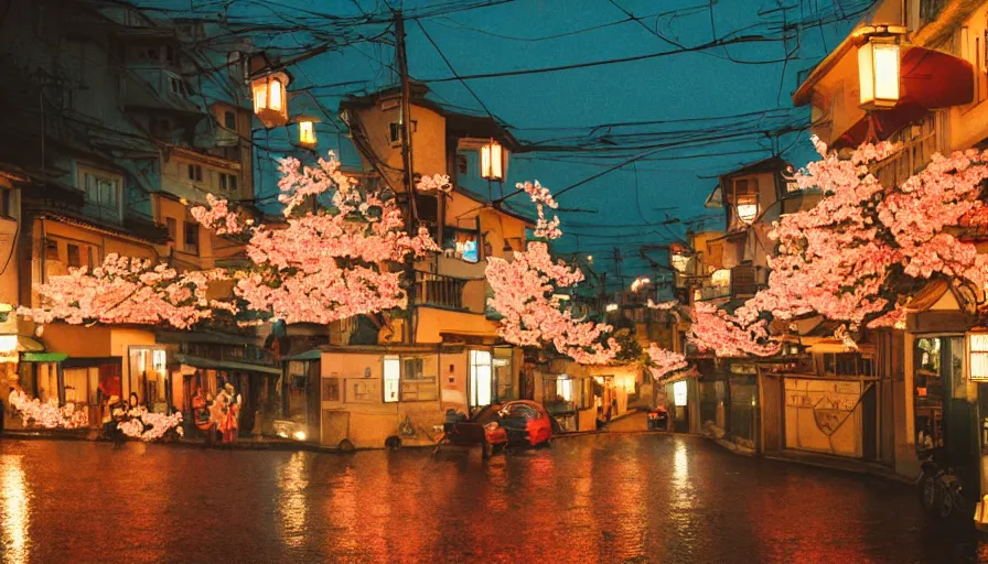 Image similar to a Wes Anderson 35mm film still of a very surreal magic small eco mountain town, like Kyoto, and Paris, golden hour, clean, falling cherry blossom pedals, in the style of Gucci, James Jean color palette, glowing warm lights and floating lanterns, foggy atmosphere, rainy, moody, muted colors, magic details, high detail, high resolution, 8k, cinematic look, octane render, psychedelic,