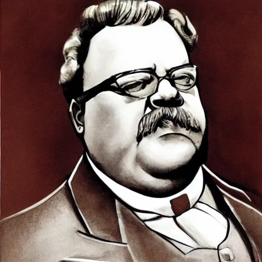 Image similar to gk chesterton with a muscles and a shotgun. portrait by james gurney.