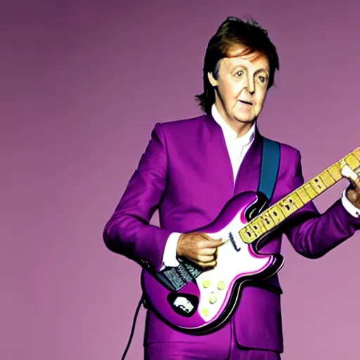 Image similar to Paul McCartney playing a Squier Hello Kitty Stratocaster, 8k, high definition, highly detailed, photorealistic