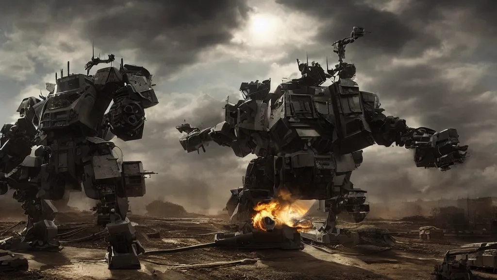 Image similar to bernie sanders putting the finishing touches on an armored weaponized mech robot, cinematic moody lighting, smoky laboratory, sharp focus, imax