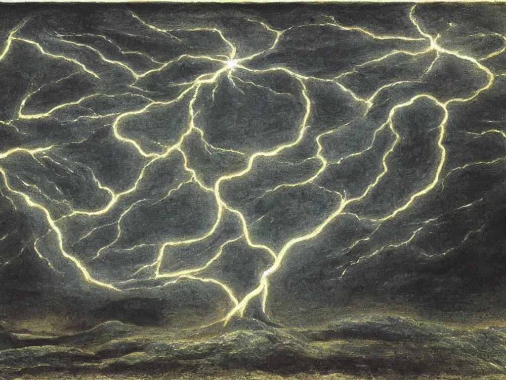 Image similar to Lightning striking the ground, making a forest of light. Hardened lava fields as far you can see. Cosmic melancholy, lunar. Painting by William Blake, Alfred Kubin