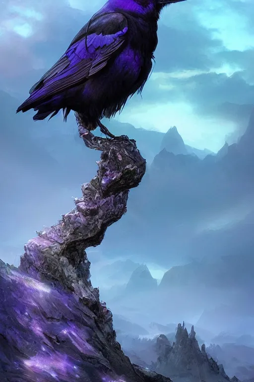 Image similar to portrait of a beautiful one raven perched on purple crystals that are glowing in a misty valley, establishing shot, extremly high detail, foto realistic, cinematic lighting, by yoshitaka amano, ruan jia, kentaro miura, artgerm, post processed, concept art, artstation, raphael lacoste, alex ross