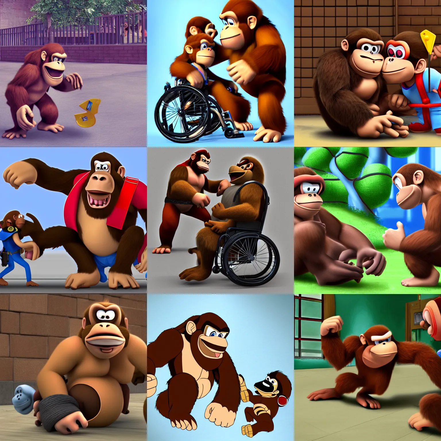 Prompt: donkey kong bullying the kid in a wheelchair at school, photorealistic, 8k