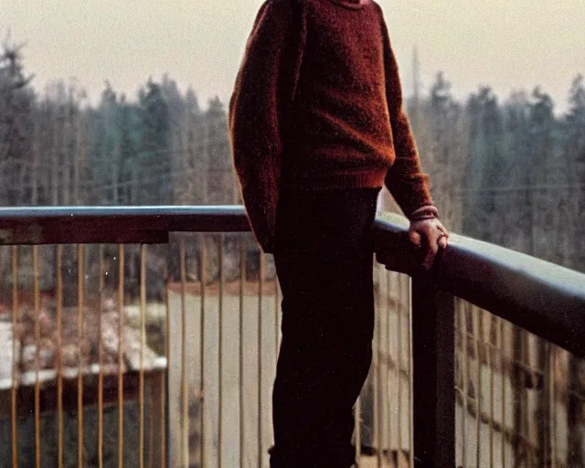 Image similar to lomographic tarkovsky film still of 4 0 years russian man with beard and sweater standing on small hrushevka 9 th floor balcony in taiga looking at sunset, perfect faces, cinestill, bokeh