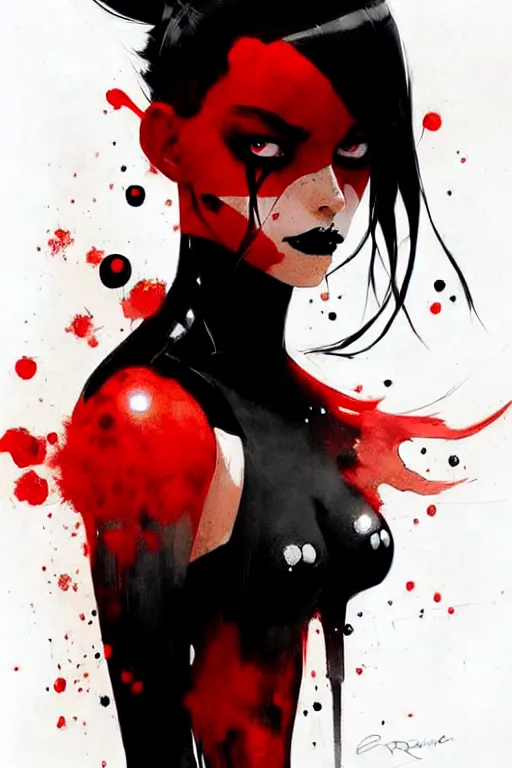 Image similar to a ultradetailed beautiful painting of a stylish goth girl, black eyes, red and black, by conrad roset, greg rutkowski and makoto shinkai trending on artstation