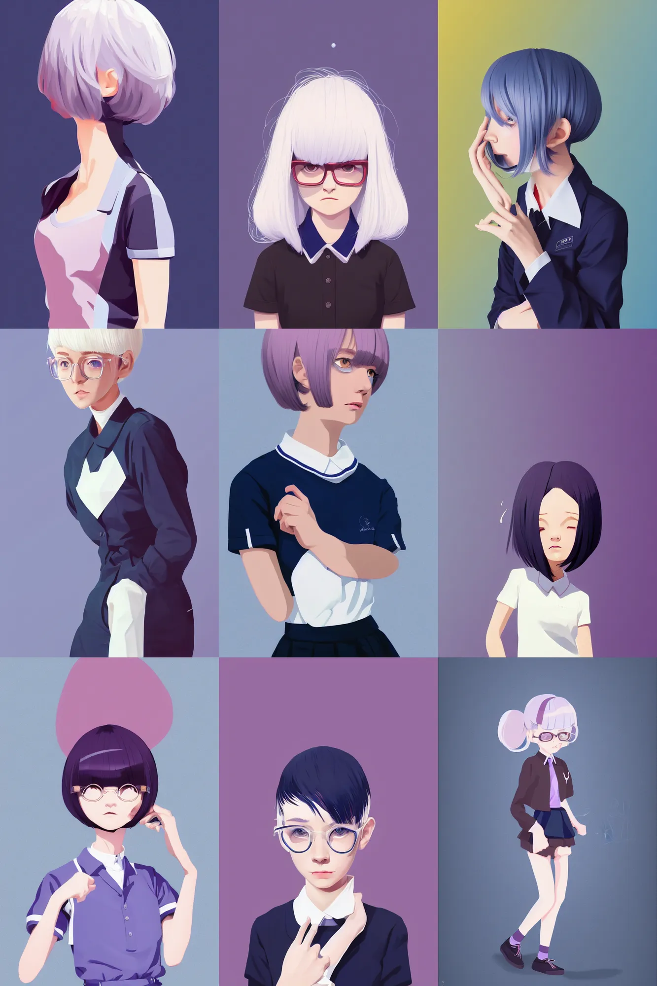 Prompt: a cute girl, wearing school uniform, white hair, mauve background, dark blue clothes double ball head, sharp focus, pure background color, illustration, morandi color scheme, art station, by ilya kuvshinov