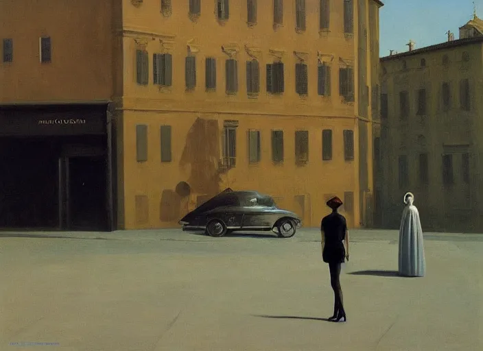 Image similar to A beauty woman with a black balloon stands at Citroën DS 19 in Rome , highly detailed, soft lighting, elegant, by Edward Hopper and James Gilleard, Zdzislaw Beksinski, Steven Outram, highly detailed