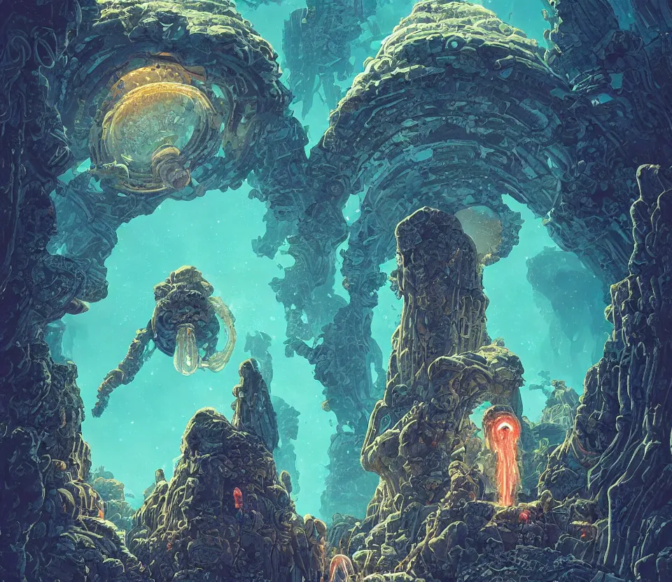 Prompt: a beautiful ultradetailed comic cover art of a gigantic carved stone-arched ancient portal to cosmic nebulae, with glowing jellyfish creatures and fireflies flying around, by Laurie Greasley and Peter Mohrbacher and Quentine Mabilles and Dan Mumford, tarot card art, detailed shading, cyberpunk, dramatic lighting