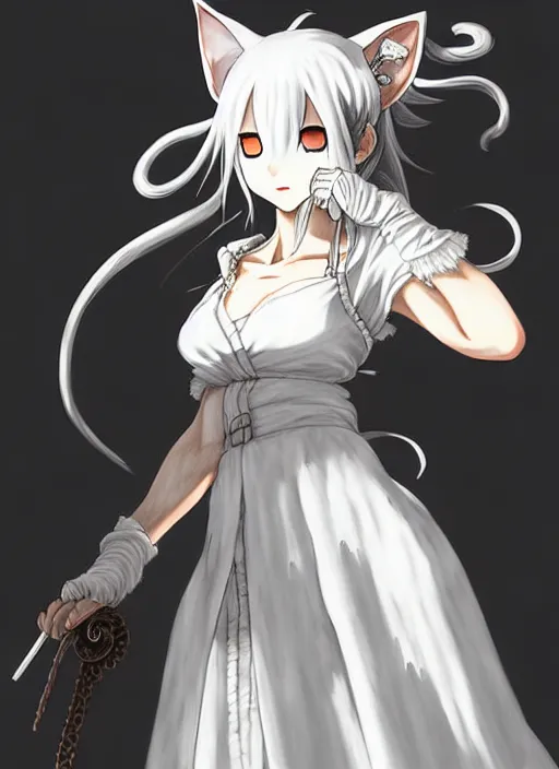 Image similar to a portrait of nekomimi wearing white dress an ultrafine detailed painting, detailed painting, detailed eyes!!, final fantasy octopath traveler lovecraft no hands ghibly