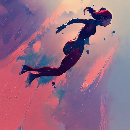 Image similar to a ultradetailed beautiful panting of a woman diving away from the viewer, by conrad roset, greg rutkowski and makoto shinkai, trending on artstation