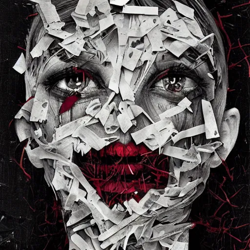 Image similar to face shredded like paper, dark horror, surreal, illustration, by ally burke