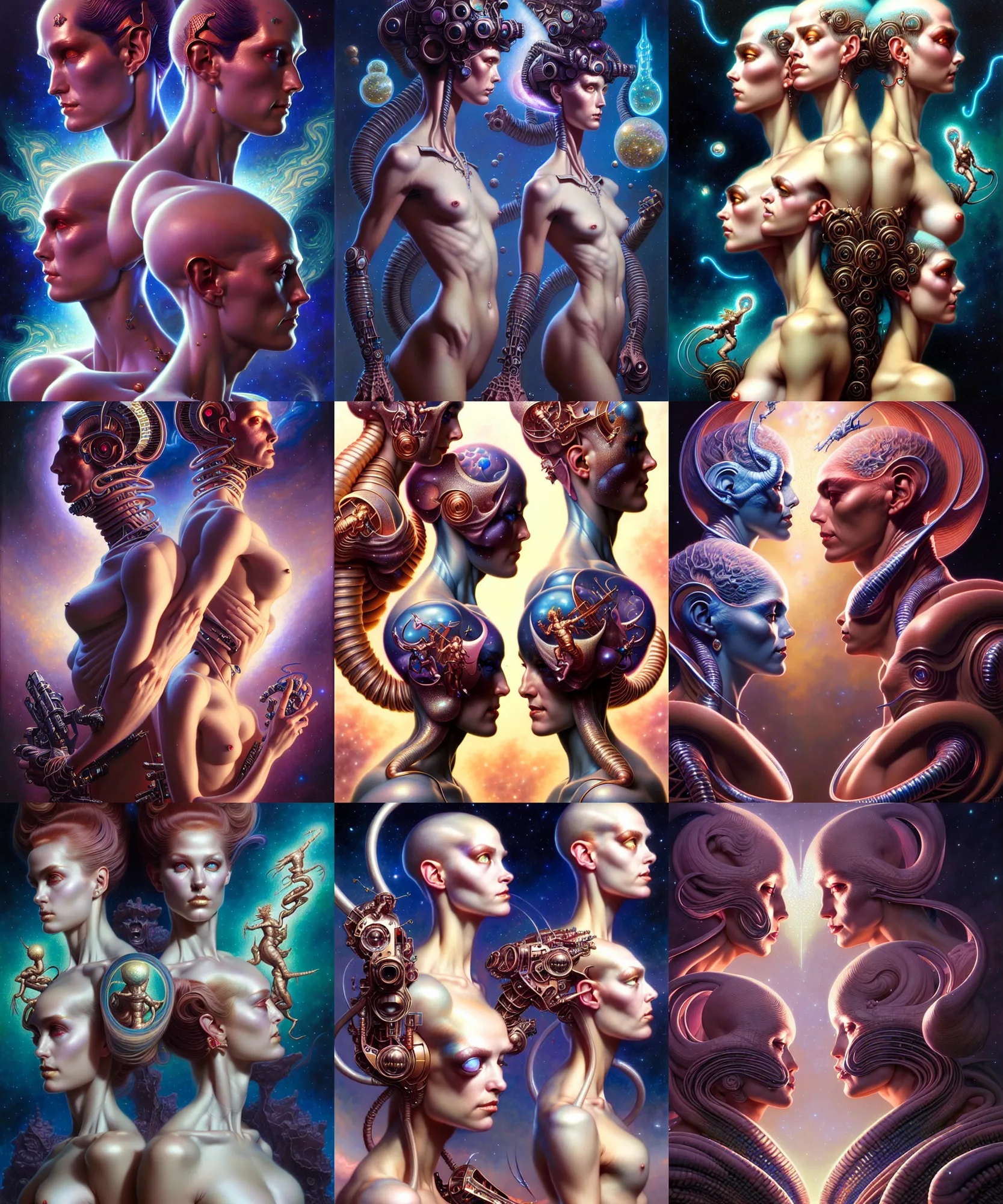 Image similar to beautiful gemini twins portrait, ultra realistic, wide angle, intricate details, holographic artifacts, highly detailed by peter mohrbacher, hajime sorayama, wayne barlowe, boris vallejo, aaron horkey, gaston bussiere, craig mullins