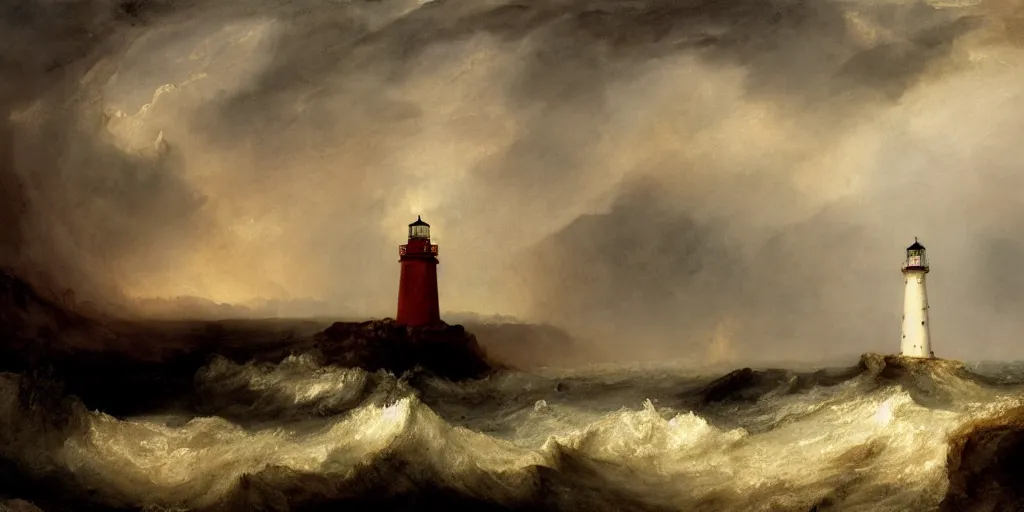 Image similar to a watercolor painting of a single lighthouse in a small rocky island during a violent storm by william turner, high quality, highly detailed, digital painting, masterpiece, turbulent sea, dramatic lighting, cinematic, centered, watercolor, william turner style, 4 k