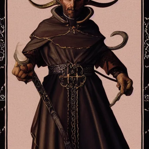 Prompt: an extremely detailed tarot card of a horned demon christian cleric, tiefling from d & d, fantasy, dressed in a catholic priest's cassock made of mithril, fantasy tavern background, 4 k, artstation, detailed, realistic, by alphonse mucha and greg rutkowski