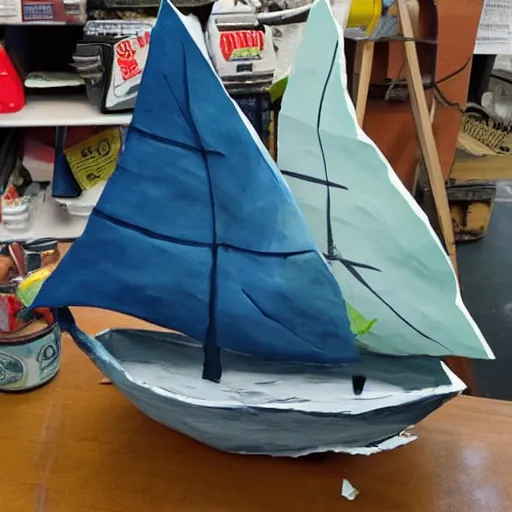 Prompt: my buddy buying a sailboat, paper mache, detailed