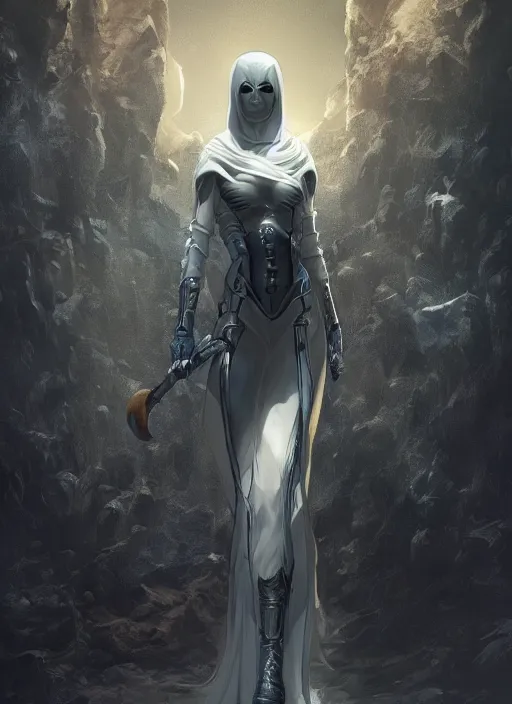 Prompt: female moon knight, hyper detailed, digital art, trending in artstation, cinematic lighting, studio quality, smooth render, unreal engine 5 rendered, octane rendered, art style by klimt and nixeu and ian sprigger and wlop and krenz cushart