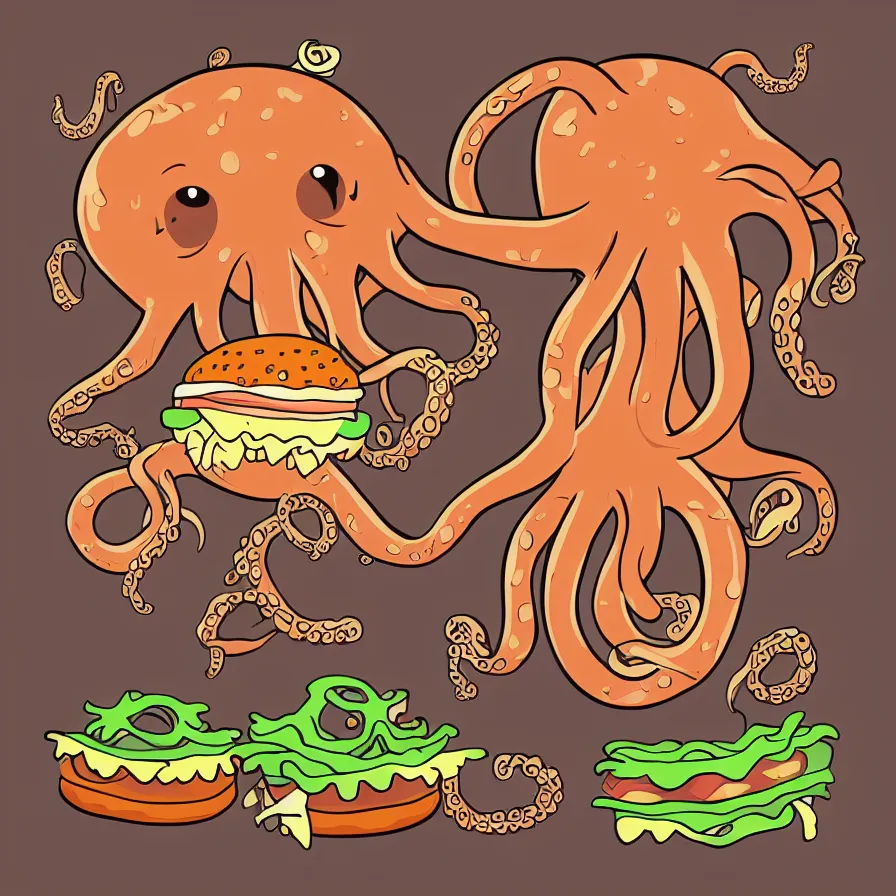 Image similar to high quality illustration of a giant octopus holding hamburger, tentacles wrapped around burger, vector art, poster, symmetry