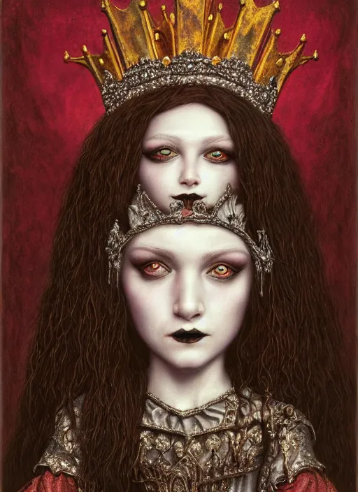 Prompt: highly detailed closeup portrait of a goth medieval queen wearing a crown and sitting on a throne, nicoletta ceccoli, mark ryden, earl norem, lostfish, global illumination, god rays, detailed and intricate environment