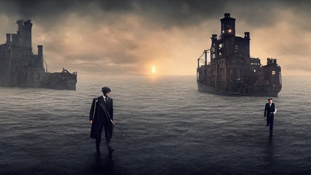 Image similar to photo of the Peaky Blinders coming out of the ocean, extreme detailed face, spaceship flying on the background, film still from the movie directed by Denis Villeneuve with art direction by Zdzisław Beksiński, wide lens