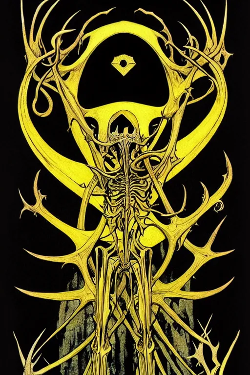 Image similar to black and yellow flat color, mucha, richard corben, wayne barlowe, moebius, heavy metal comic cover art, psychedelic triangular skeletal calcification fungus lich in darkiron spike armor, full body, hollow eyes, symmetrical face, long black crown, in a dungeon background, moody dark colors