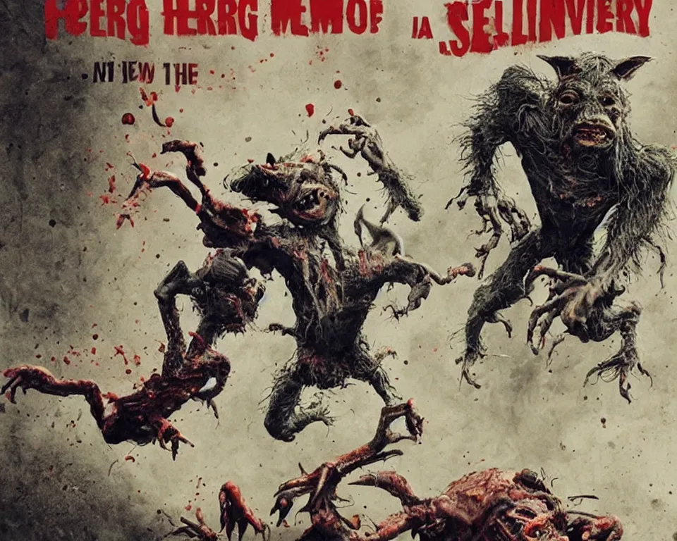 Prompt: a horror movie poster feturing a semo running over a goblin