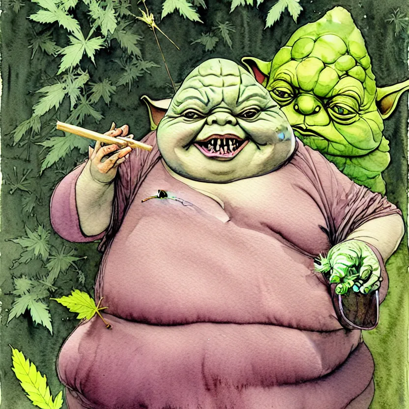 Prompt: a realistic and atmospheric watercolour fantasy character concept art portrait of a fat yoda with pink eyes smiling and holding a blunt with a pot leaf nearby, by rebecca guay, michael kaluta, charles vess and jean moebius giraud