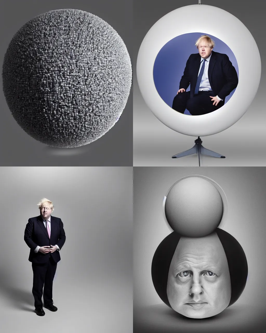 Prompt: spherical boris johnson, boris johnson's body shaped like a sphere, studio lighting, high quality photograph