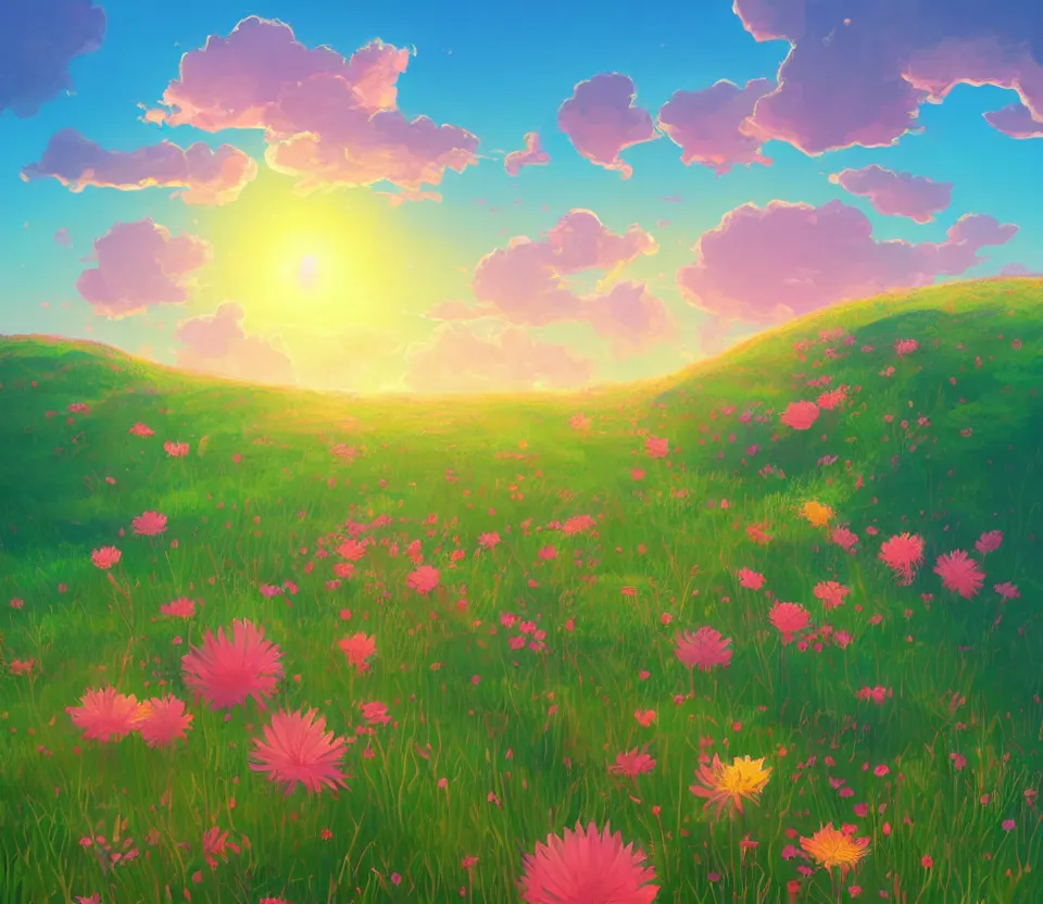 Image similar to green lush Field with beautiful flowers, aesthetic, calming, pink and yellow clouds in the sky, brightly illuminated by rays of sun, Clouds backlit by the sun, sunset ,artstation, colorful sylvain sarrailh illustration, by peter chan, day of the tentacle style