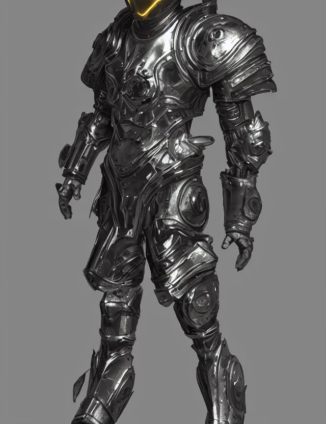 Image similar to full body shot, digital realistic 3 d rendering of a futuristic spacepunk armor holy paladin with light powers and sculpted detailed head armor, highly detailed, 4 k, hdr, smooth, sharp focus, high resolution, award - winning photo., corona render, substance painter hyper detailed armor. trending on art statation