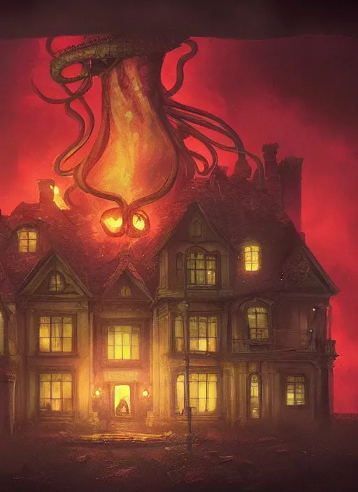 Image similar to giant squid destroying a glowing mansion in burning vapor dramatic lighting, artstation, matte painting, alexander jansson, allen williams, anja millen