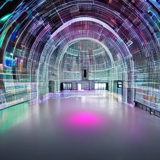 Prompt: high quality professional canon wide - angle lens photo of large scale immersive public art installation inside low light giant old manufacturing facility venue width single suspended big sphere with space liquid generative visuals projected on it and giant led screen on ceiling. rich colors, high contrast, gloomy atmosphere, dark background. trending on artstation.