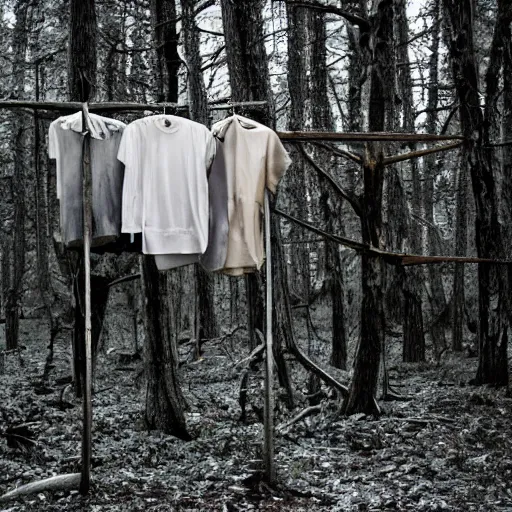 Prompt: clothes hanging on a clothes rack in a lonely eery forest, fever dream, award winning photography, dreamcore, weirdcore