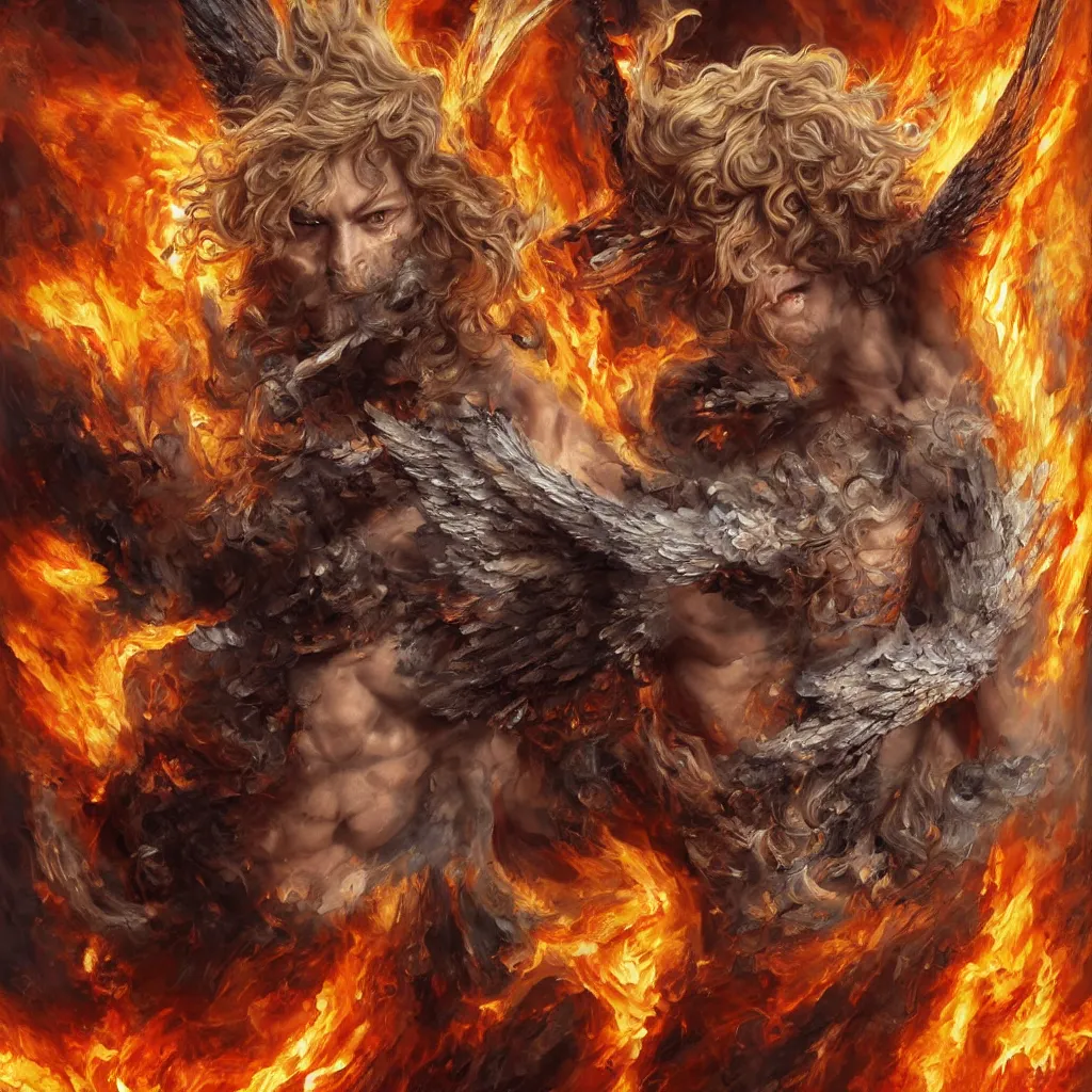 Image similar to oil painting of a wrathful archangel Michael with fluffy blond curls of hair and piercing eyes, with scintillating holy radiance and luminous eyes, against a hellish flaming battlefield and a lot of smoke, darkart, hyperdetailed, hyperealistic, cinematography, 16k, 3D, Artstation, Deviantart, very beautiful