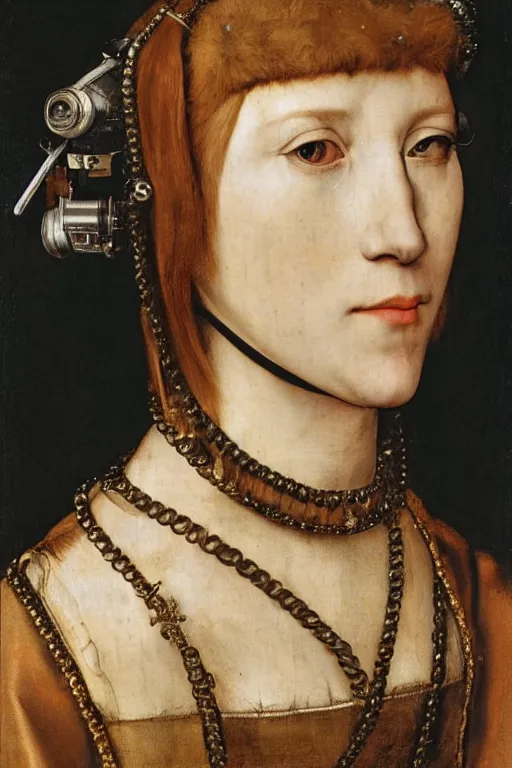 Image similar to a close - up portrait of a cyberpunk cyborg girl, by hans holbein the younger, rule of thirds