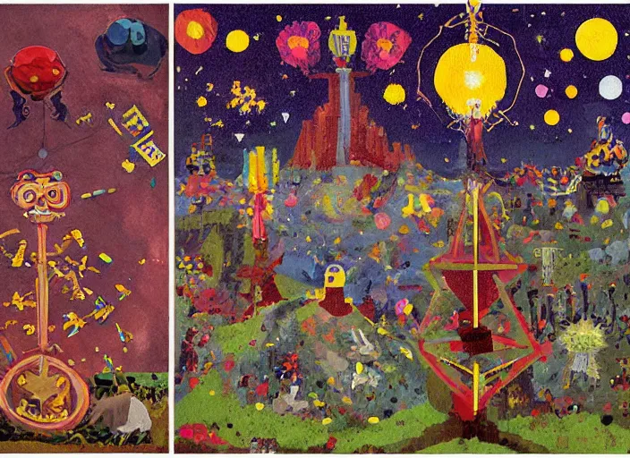 Image similar to pixel decollage painting tarot lovers card composition tower of babel road red armor maggot bear and wonky alien frog skeleton knight on a horse in a dark red cloudy night sky with golden foil jewish stars and diamonds, mountain lake and blossoming field in background, painted by Mark Rothko, Helen Frankenthaler, Danny Fox and Hilma af Klint, pixelated, neo expressionism, semi naive, pastel colors, cinematic, color field painting, cave painting, voxel, pop art look, outsider art, minimalistic. Bill Traylor painting, part by Philip Guston, Amano and Francis Bacon. art by Adrian Ghenie, very coherent symmetrical artwork, cinematic, hyper realism, high detail, octane render, unreal engine, Smooth gradients, depth of field, full body character drawing, extremely detailed, 8k, extreme detail, intricate detail, masterpiece