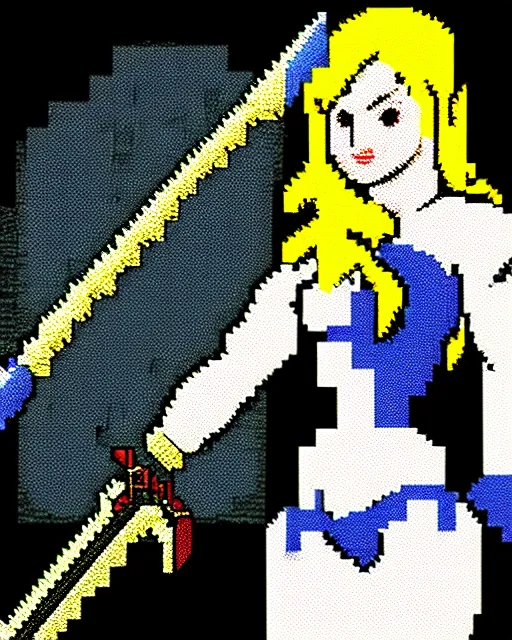 Prompt: a pixel art picture of a woman holding a sword, pixel art by lichtenstein, polycount contest winner, pixel art, 2 d game art, dynamic pose, # pixelart