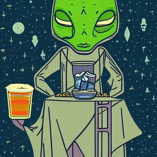 Image similar to an alien drinking horchata, detailed, tarot card