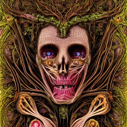 Prompt: a beautiful detailed photo of a rotten woman corpse portrait open in two sides morphing into fractal plants and fractal flowers and mushrooms, muscles, veins, anatomical, intricate, ornate, volumetric light, beautiful lit, romero ressendi