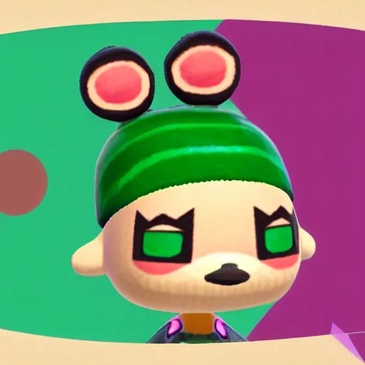 Image similar to animal crossing character with a round pink head, a green mohawk, green eyebrows and a long red pointy nose