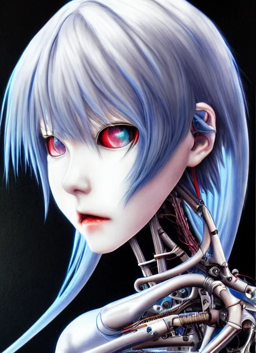 Image similar to Rei Ayanami by Yoshitaka Amano, by HR Giger, biomechanical, profile portrait, 4k, wide ayes, hyper detailed, hyperrealism, anime, a Blood Moon rising on a Broken World 4k very detailed deviantart artstation