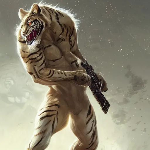 Prompt: a award winning commission of an amthro albino soldier tiger shooting,digitalt art,hyperdetailed,photorealistic,art by greg rutkowski,character design by charles bowater,ross tran,deviantart,artstation,high detailed,cinematic,movie scene,cool,detailed face