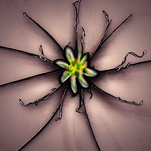 Image similar to super detailed withered cyber flower on desert background at tne night